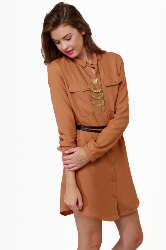 At Your Leisure Brown Belted Shirt Dress