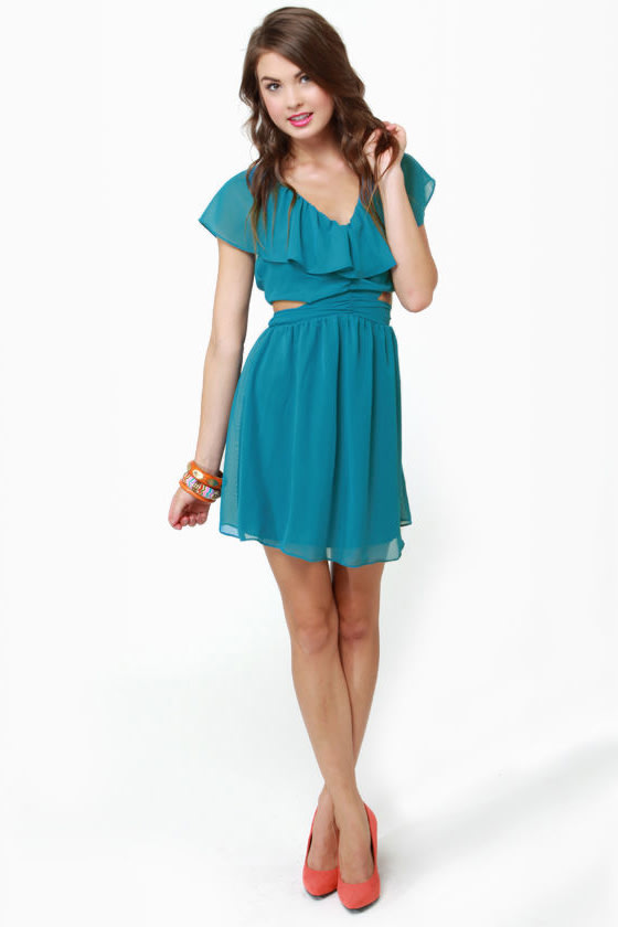 teal ruffle dress