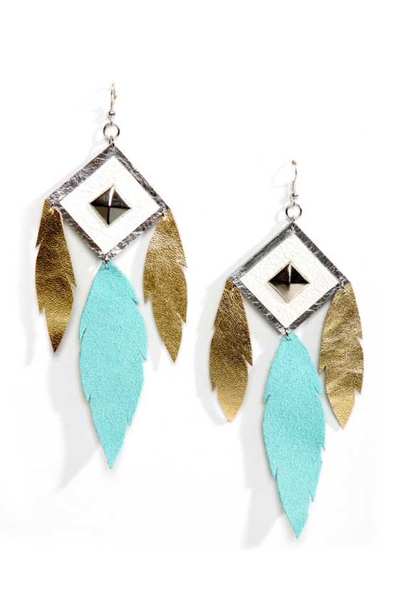 Claire Fong Trifecta Gold and Mint Leather Earrings