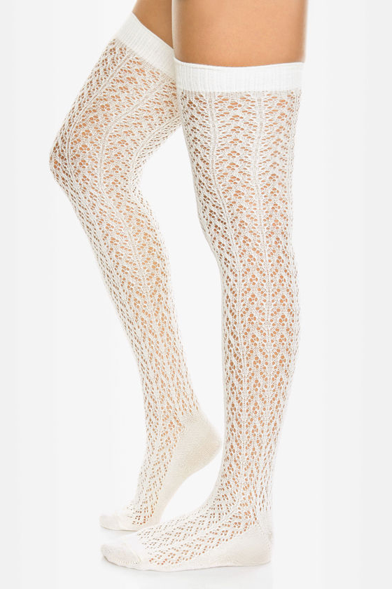 Tabbisocks Kawaii Crocheted Ivory Over the Knee Socks