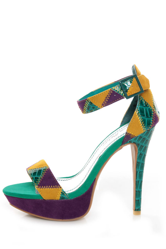 Anne Michelle Viral 41 Teal Multi Patchwork Platform Pumps
