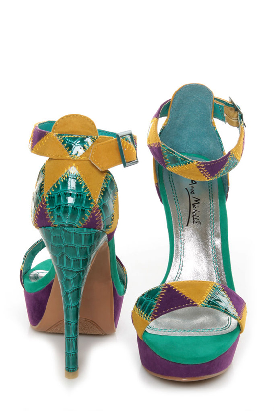 Anne Michelle Viral 41 Teal Multi Patchwork Platform Pumps