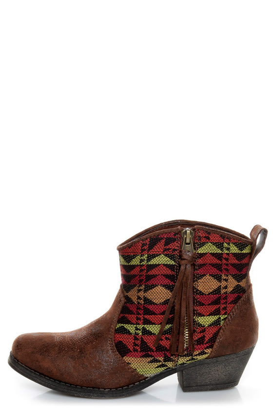 Big Buddha Wendy Brown Multi Southwest Ankle Boots - Lulus