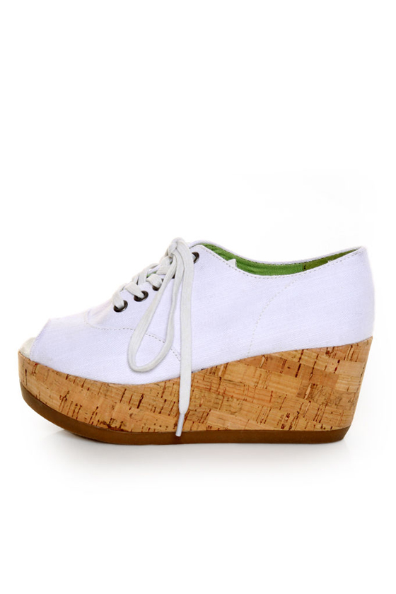 Blowfish Guest White Street Denim Peep Toe Lace-Up Wedges
