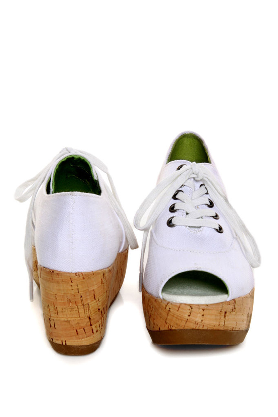 Blowfish Guest White Street Denim Peep Toe Lace-Up Wedges