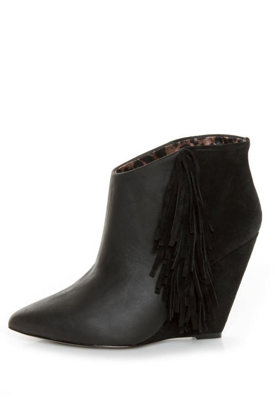 Betsey Johnson Ziah Black Leather & Suede Fringe Ankle Boots