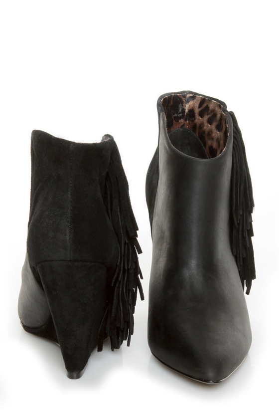 Betsey Johnson Ziah Black Leather & Suede Fringe Ankle Boots