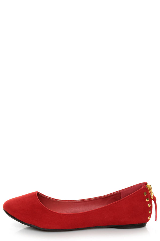 Doby 6 Red Studded Heel Zipper Ballet Flats