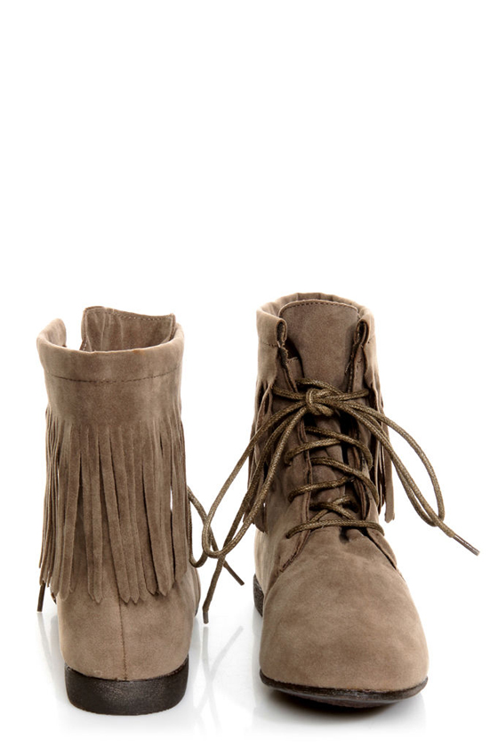 Sandy 35 Taupe Fringe Lace-Up Booties