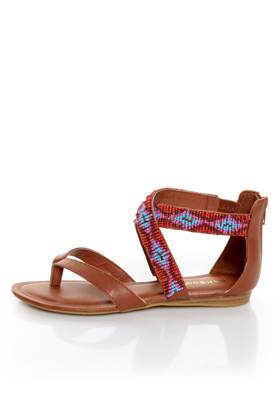 Bamboo Ashley 63 Chestnut Beaded Gladiator Sandals