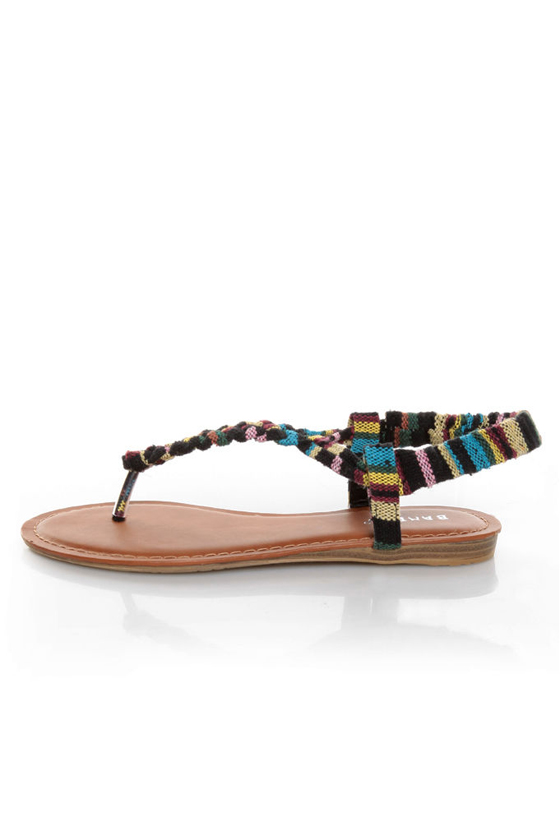 Bamboo Ashley 67 Black Striped Braided Thong Sandals