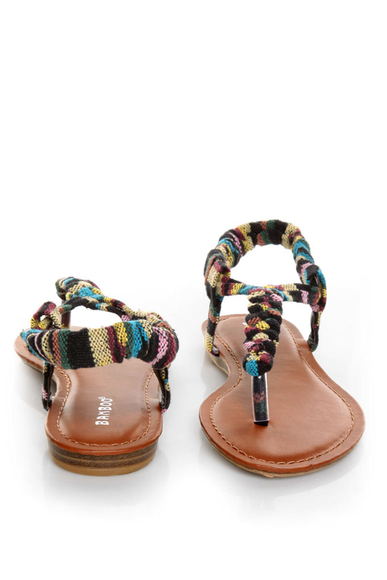 Bamboo Ashley 67 Black Striped Braided Thong Sandals