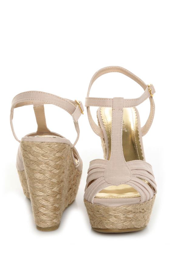 Bamboo Booster 03 Natural Linen T-Strap Espadrille Wedges