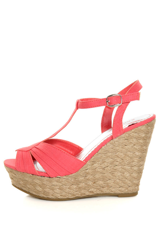 Bamboo Booster 03 Pink Linen T-Strap Espadrille Wedges