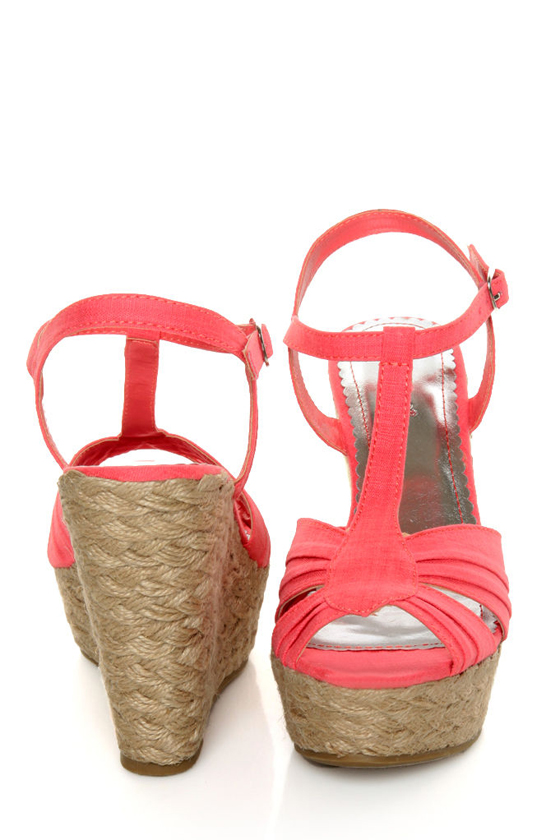 Bamboo Booster 03 Pink Linen T-Strap Espadrille Wedges