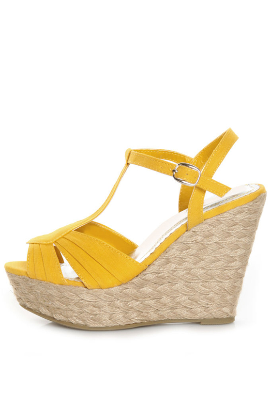 Bamboo Booster 03 Yellow Linen T-Strap Espadrille Wedges