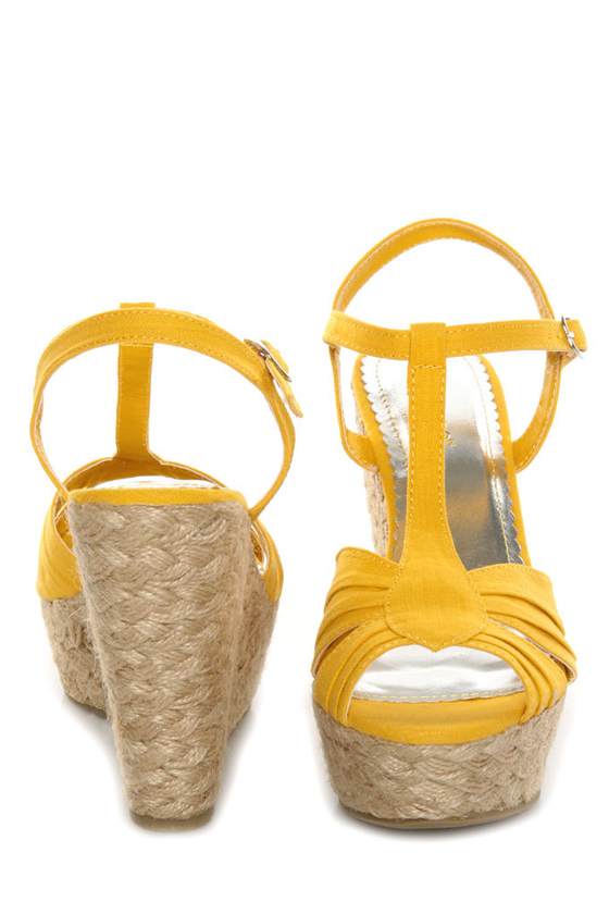 Bamboo Booster 03 Yellow Linen T-Strap Espadrille Wedges