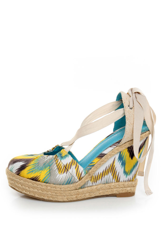 Bamboo Dorine 03 Teal Ikat Ankle Ribbon Espadrille Wedges