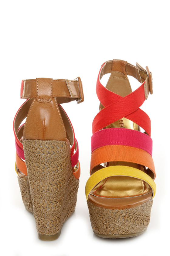 Bamboo Dorothy 06 Red Multi Color Block Platform Wedges