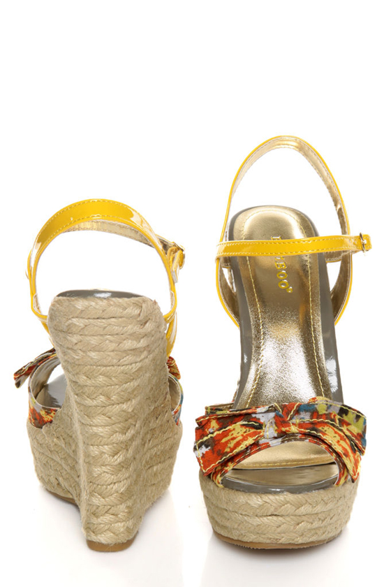 Bamboo Driven 69 Yellow Multi Print Espadrille Wedge Sandals