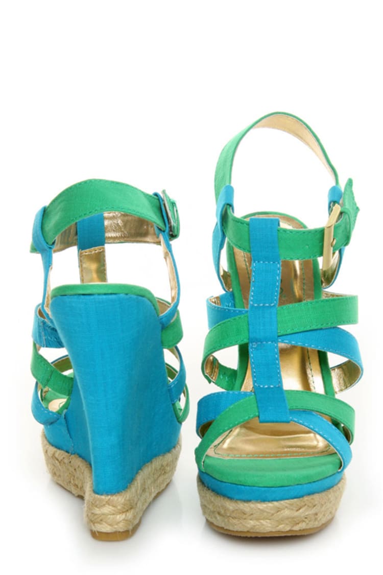 Bamboo Driven 81 Blue Multi Super T Strap Platform Wedges 33.00 Lulus