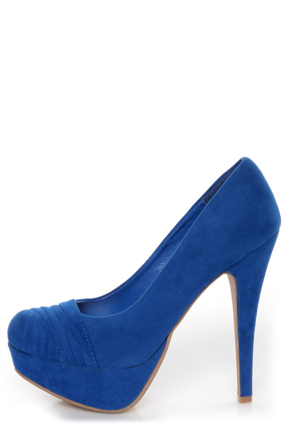 Bamboo Ericka 04 Blue Suede Ruched Platform Heels