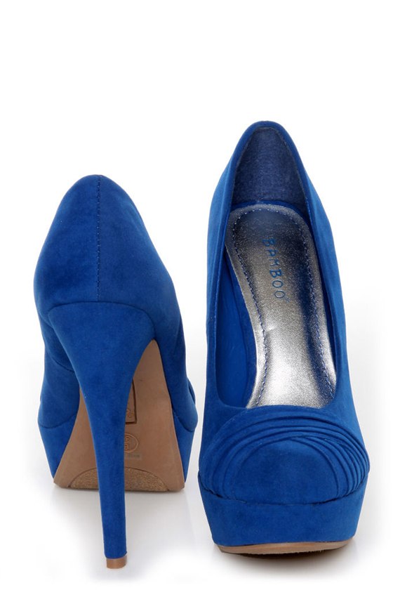 Bamboo Ericka 04 Blue Suede Ruched Platform Heels