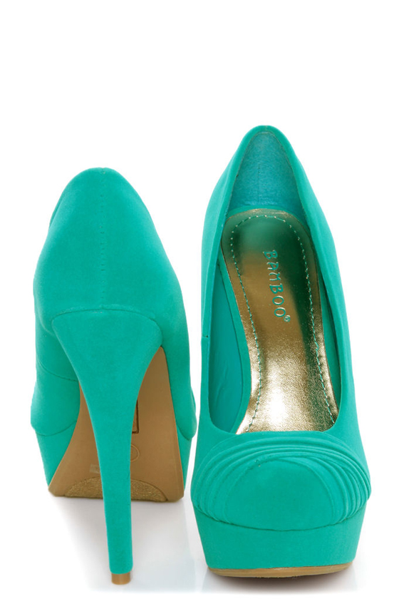 Bamboo Ericka 04 Sea Green Suede Ruched Platform Heels