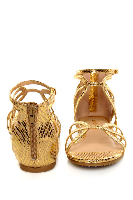 Bamboo Firework 92 Gold Snake Strappy Flat Gladiator Sandals