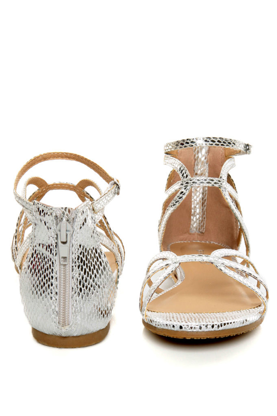 Bamboo Firework 92 Silver Snake Strappy Flat Gladiator Sandals