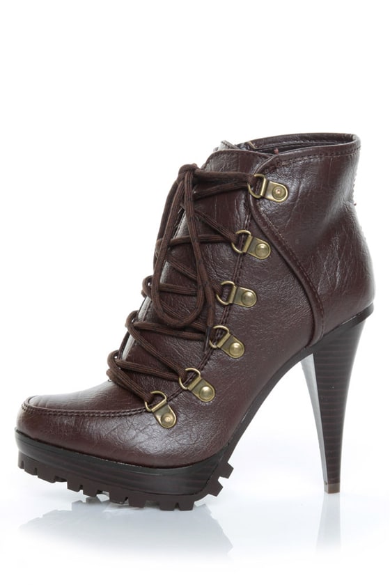 Bamboo Harper 04 Brown Lace-Up High Heel Hiking Booties - $44.00