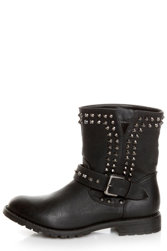 Bamboo Kacy 01 Black Studded Motorcycle Ankle Boots - $49.00 - Lulus
