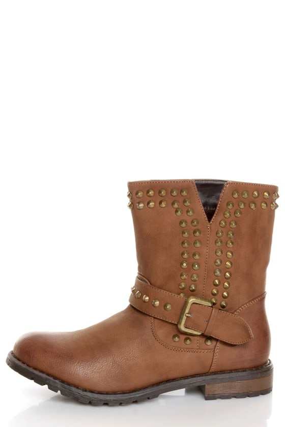 Bamboo Kacy 01 Chestnut Brown Studded Motorcycle Ankle Boots - $49.00 ...