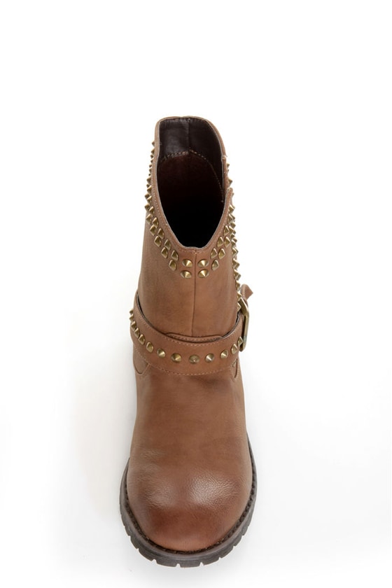 Bamboo Kacy 01 Chestnut Brown Studded Motorcycle Ankle Boots - $49.00