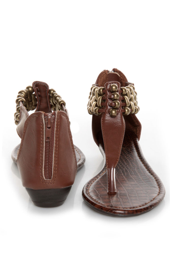 Bamboo Latte 16 Chestnut Brown Beaded T Strap Thong Sandals