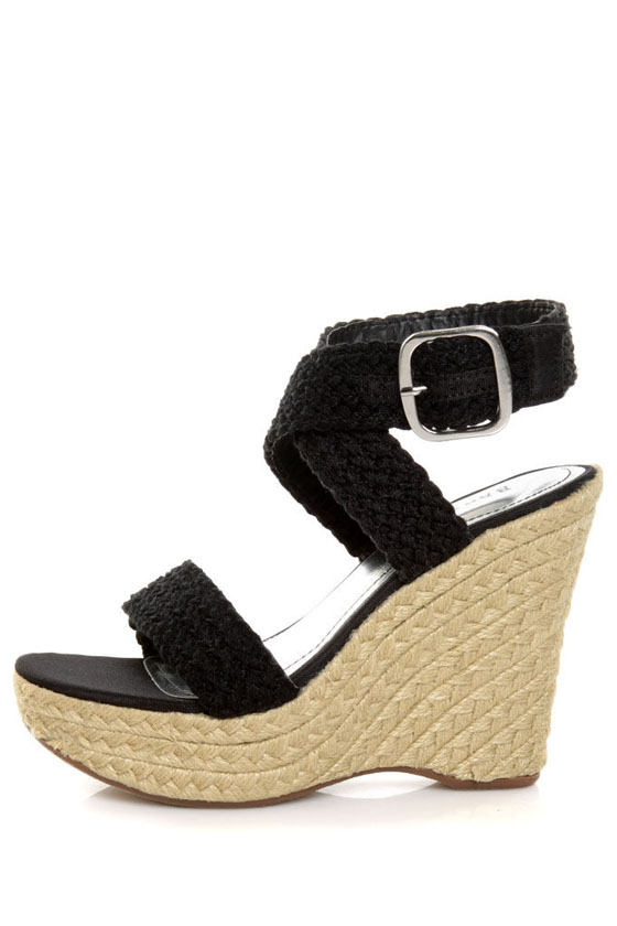 Bamboo Leanne 34 Black Woven Espadrille Wedges