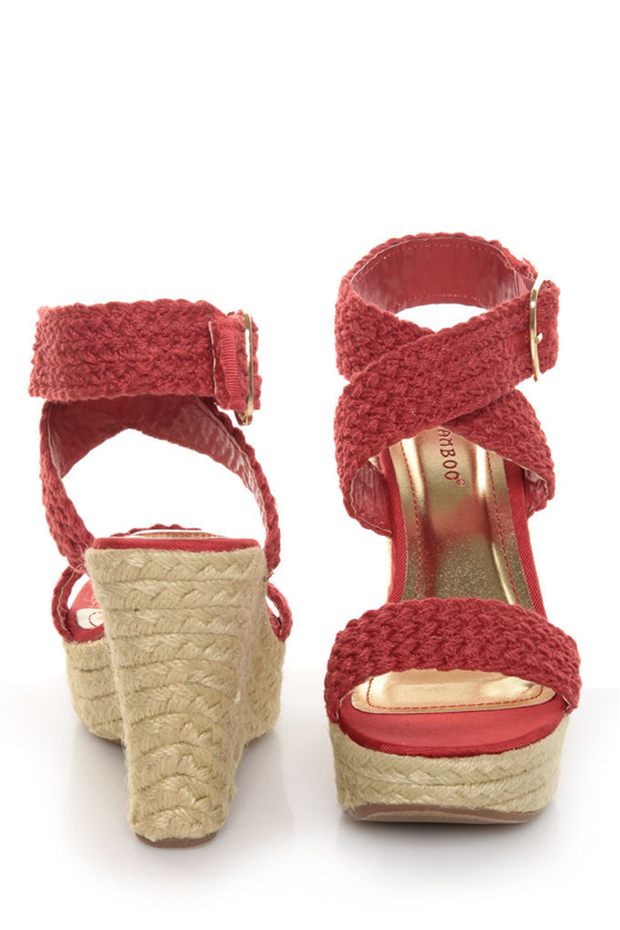 Bamboo Leanne 34 Red Woven Espadrille Wedges