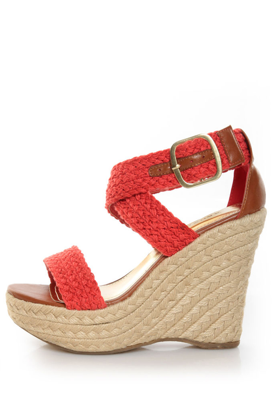 Bamboo Leanne 35 Coral Red Woven Espadrille Wedges