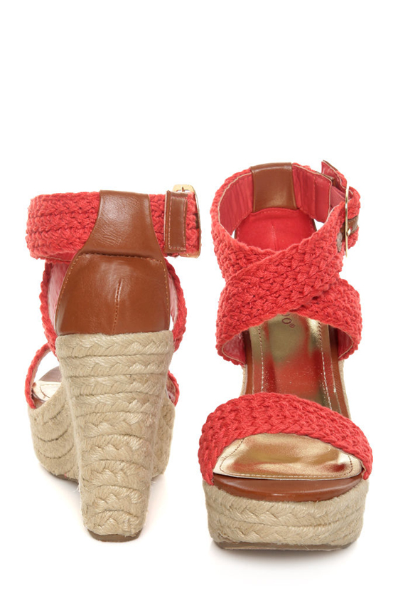 Bamboo Leanne 35 Coral Red Woven Espadrille Wedges
