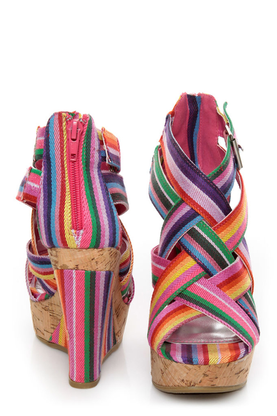 Bamboo Mirage 07 Fuchsia Rainbow Striped Wedge Sandals