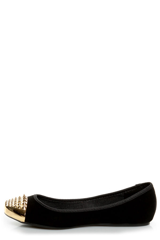 Bamboo Mirina 02 Black Studded Metal Cap-Toe Ballet Flats
