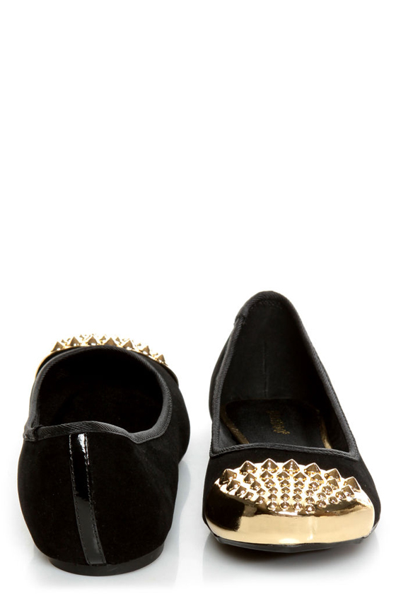 Bamboo Mirina 02 Black Studded Metal Cap-Toe Ballet Flats