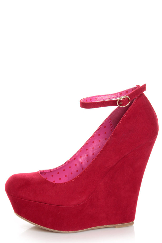Bamboo Pamela 10 Red Ankle Strap Platform Wedges
