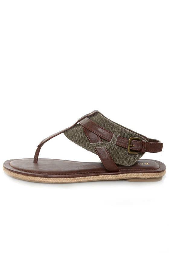 Bamboo Roundy 04 Brown & Canvas Ankle Cuff Thong Sandals