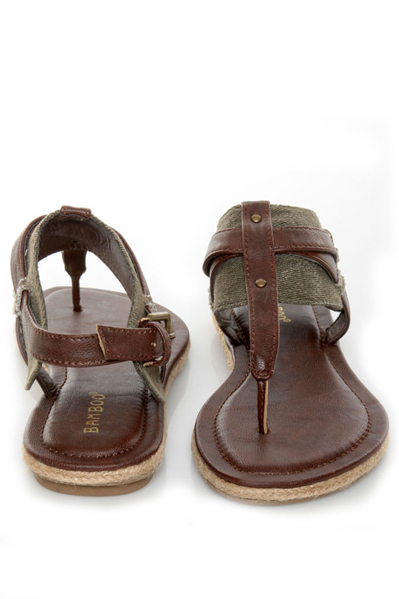 Bamboo Roundy 04 Brown & Canvas Ankle Cuff Thong Sandals