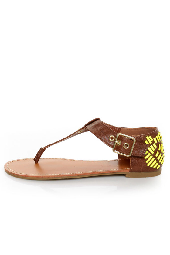 Bamboo Sloane 10 Chestnut and Neon Yellow Thong Sandals