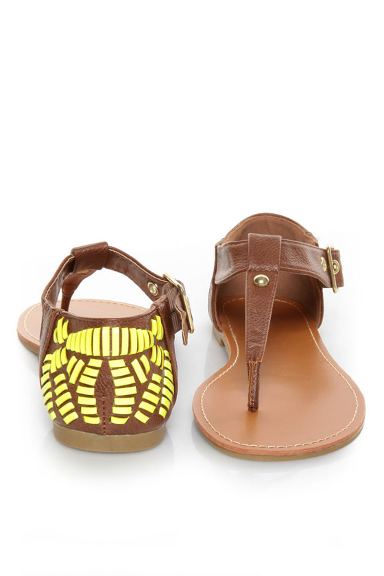 Bamboo Sloane 10 Chestnut and Neon Yellow Thong Sandals