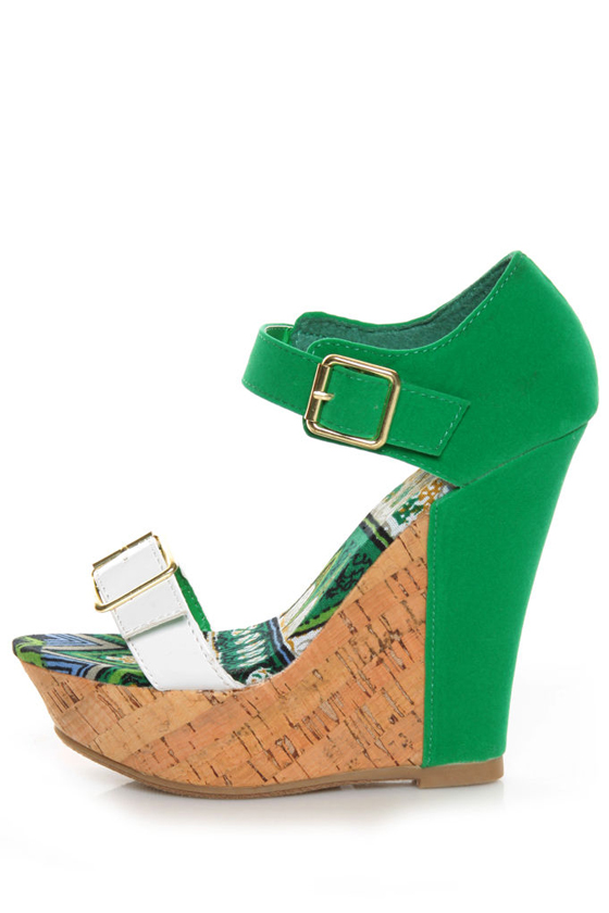 Bamboo Smooch 14 Green Color Block Platform Wedges