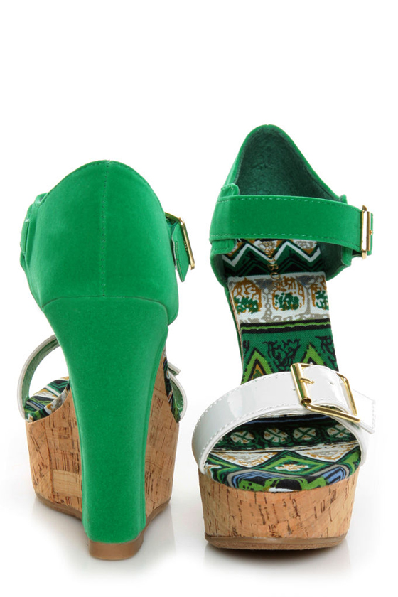 Bamboo Smooch 14 Green Color Block Platform Wedges