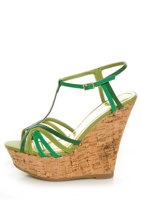 Bamboo Smooch 21 Green Multi T-Strap Platform Wedges
